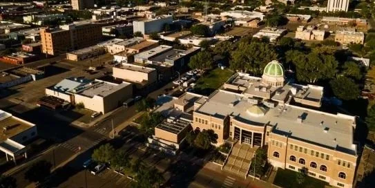 Birds eyes view of a town center in the state of Georgia.