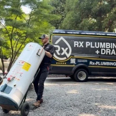 An Rx plumber wheels a traditional water heater from his work van and into a home in Buford, GA.