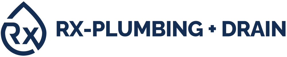 Logo for RX Plumbing and Drain with a water droplet graphic and blue text