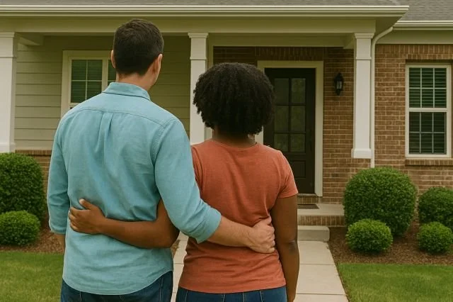 A couple standing in front of their home in Sugar Hill, Georgia.