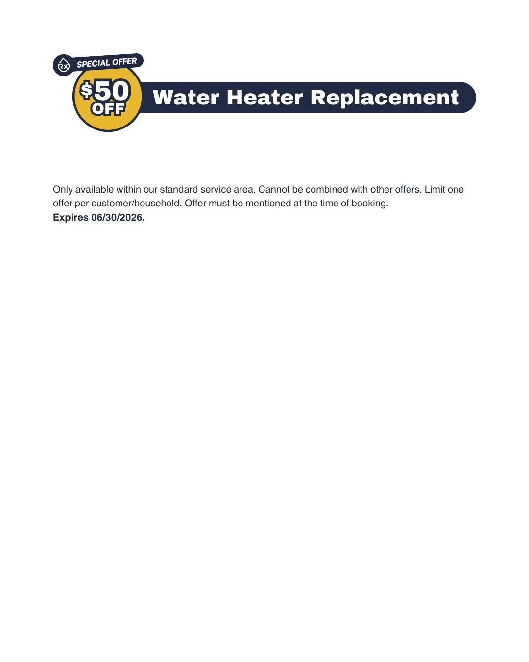 Rx Plumbing discount coupon for $50 off a water heater replacement through June 2026.