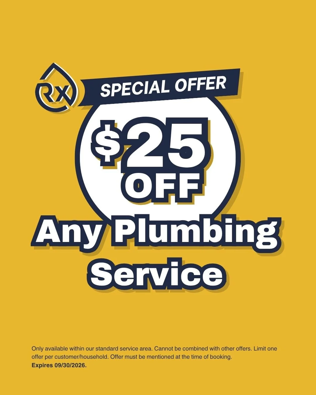 Discount coupon for $25 off any plumbing service by RX-Plumbing.
