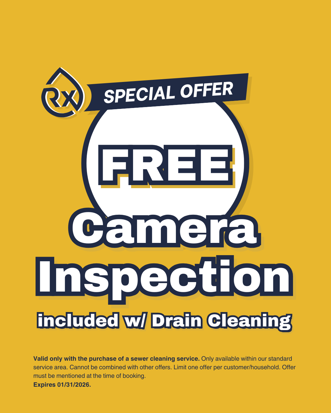 Rx-Plumbing and Drain discount coupon for a free camera inspection with the purchase of a drain cleaning in and around Cumming, Georgia.