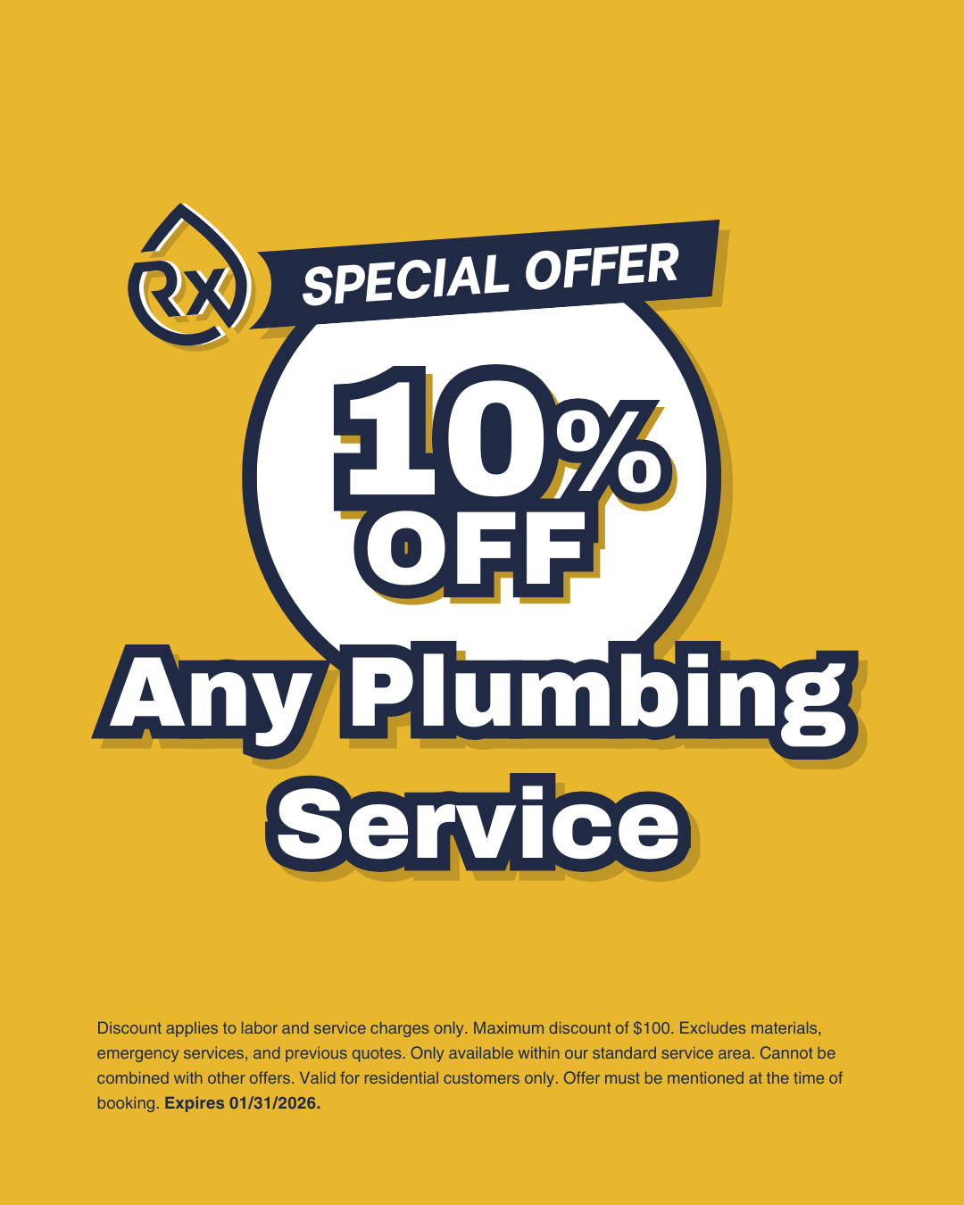 Rx-Plumbing and Drain discount coupon for 10% off any plumbing service in and around Cumming, Georgia.