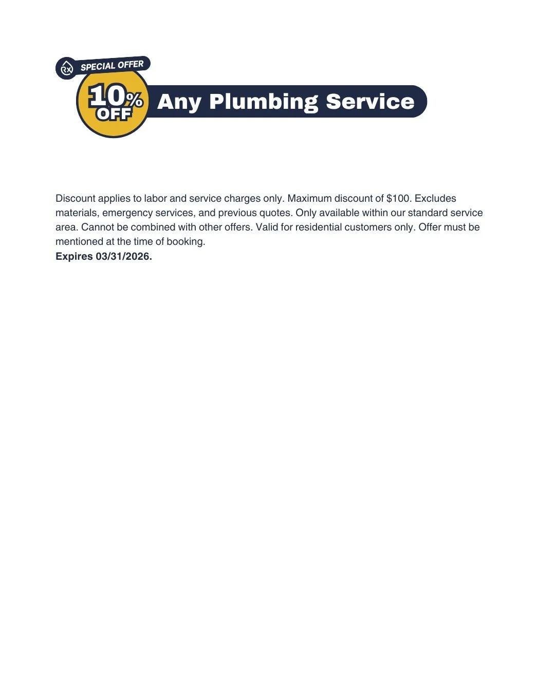 Rx-Plumbing and Drain discount coupon for 10% off any plumbing service in March.