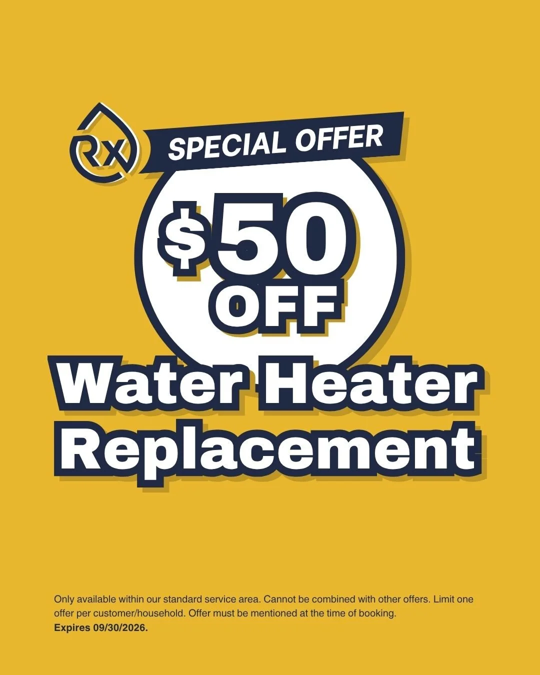 Discount coupon for $50 off of a water heater replacement around Cumming, GA by RX-Plumbing.