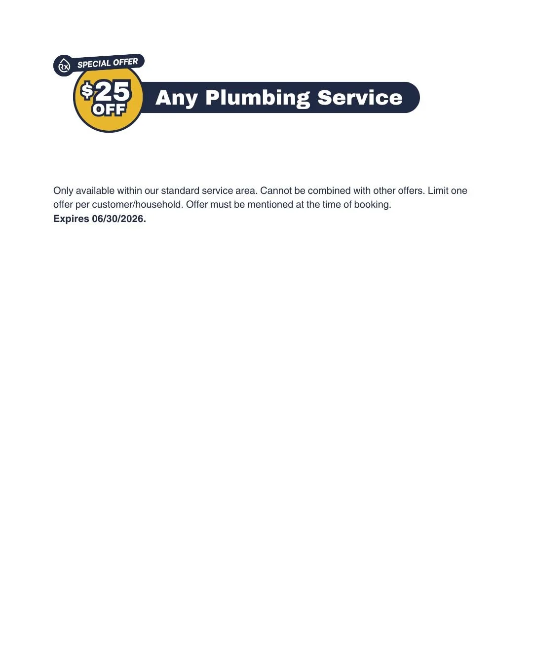 Rx-Plumbing discount coupon for $25 off any plumbing service through the month of June 2026.