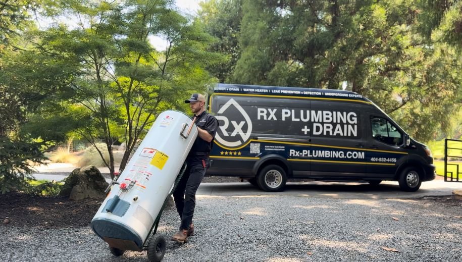 An Rx plumber in dark blue uniform with a cap is maneuvering a large water heater on wheels near a RX Plumbing van parked on a gravel surface in Alpharetta, GA.