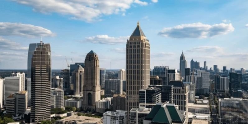Aerial view of the downtown Atlanta, Georgia skyline.