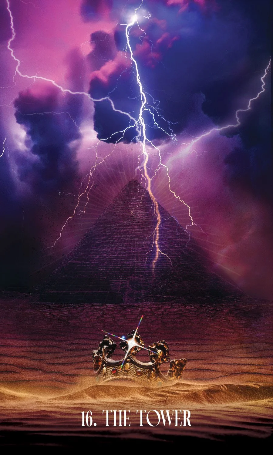 A jeweled crown lies in the desert in front of an Egyptian pyramid being struck by lightning. The sky is filled with stormy blue and purple clouds, illuminated by lightning.