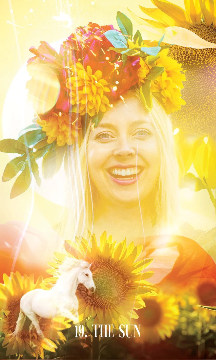 A golden woman in a flower crown beams in golden rays of sunshine amongst a field of sunflowers. A white horse gallops freely in the foreground.
