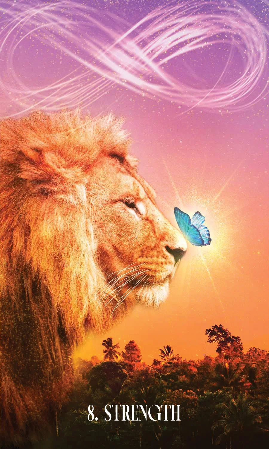 A lion stands with a blue butterly perched on his nose. Above his head in the sky is an infinity symbol of light sparkling above the jungle.