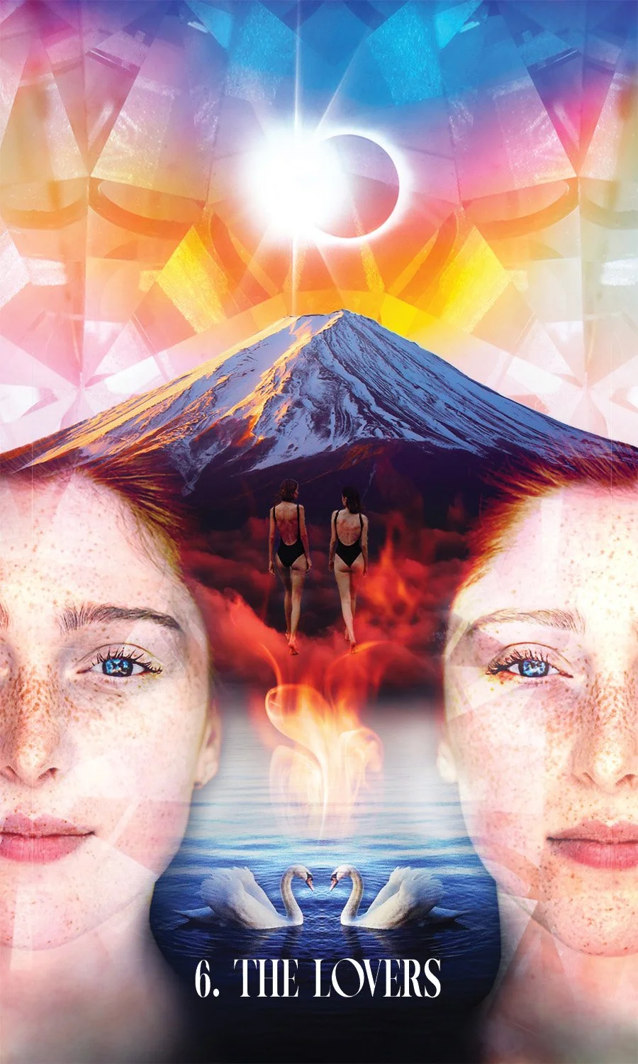 Two sides of the same face frame a mountain and a prismatic sky with an eclipse. 2 swans face each other in the foreground and behind are two women in black bathing suits walking away side by side.