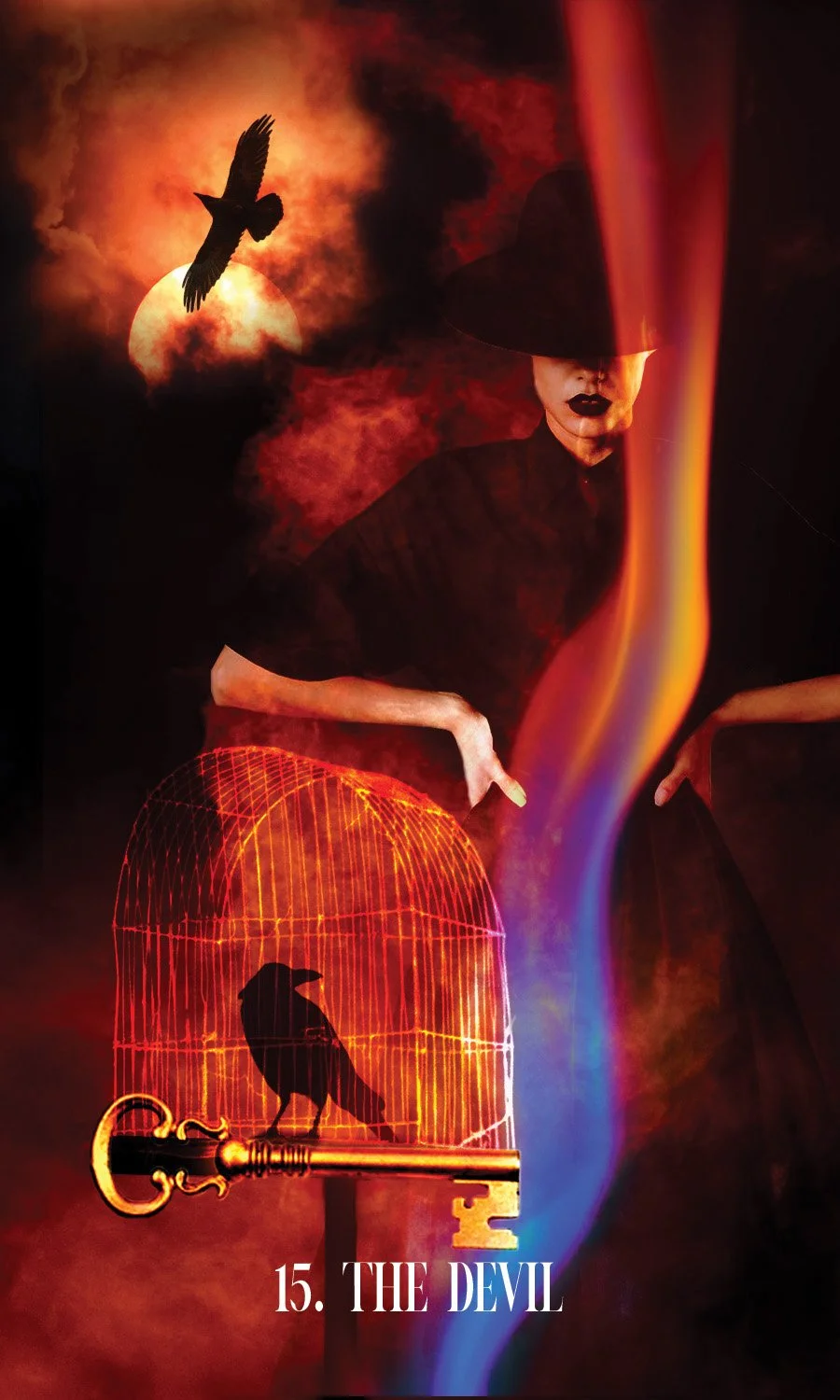 A bird in a cage sits on a key. In front is a red hot flame and behind stands a woman in all black with a black hat covering her eyes. A second raven flies in the sky in front of a orange sun with black smoke and clouds.
