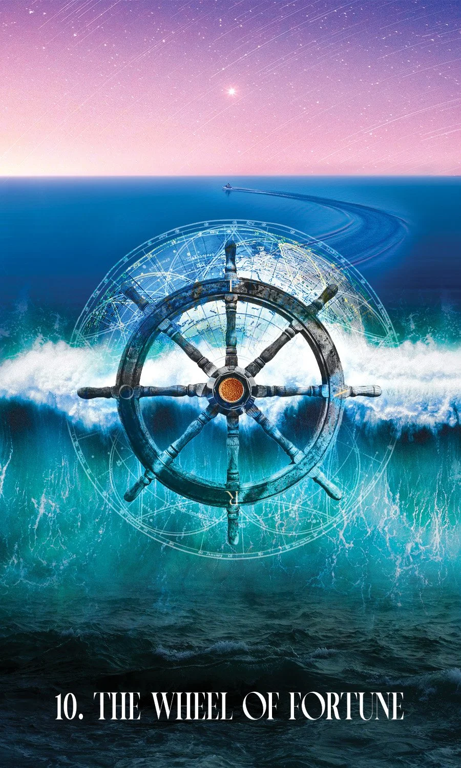 A ship's steering wheel sits at the center of an ocean overtop of charts and a world map. The top half of the horizon is smooth, calm waters and the lower half is a big tidal wave. A boat sails into the distance.