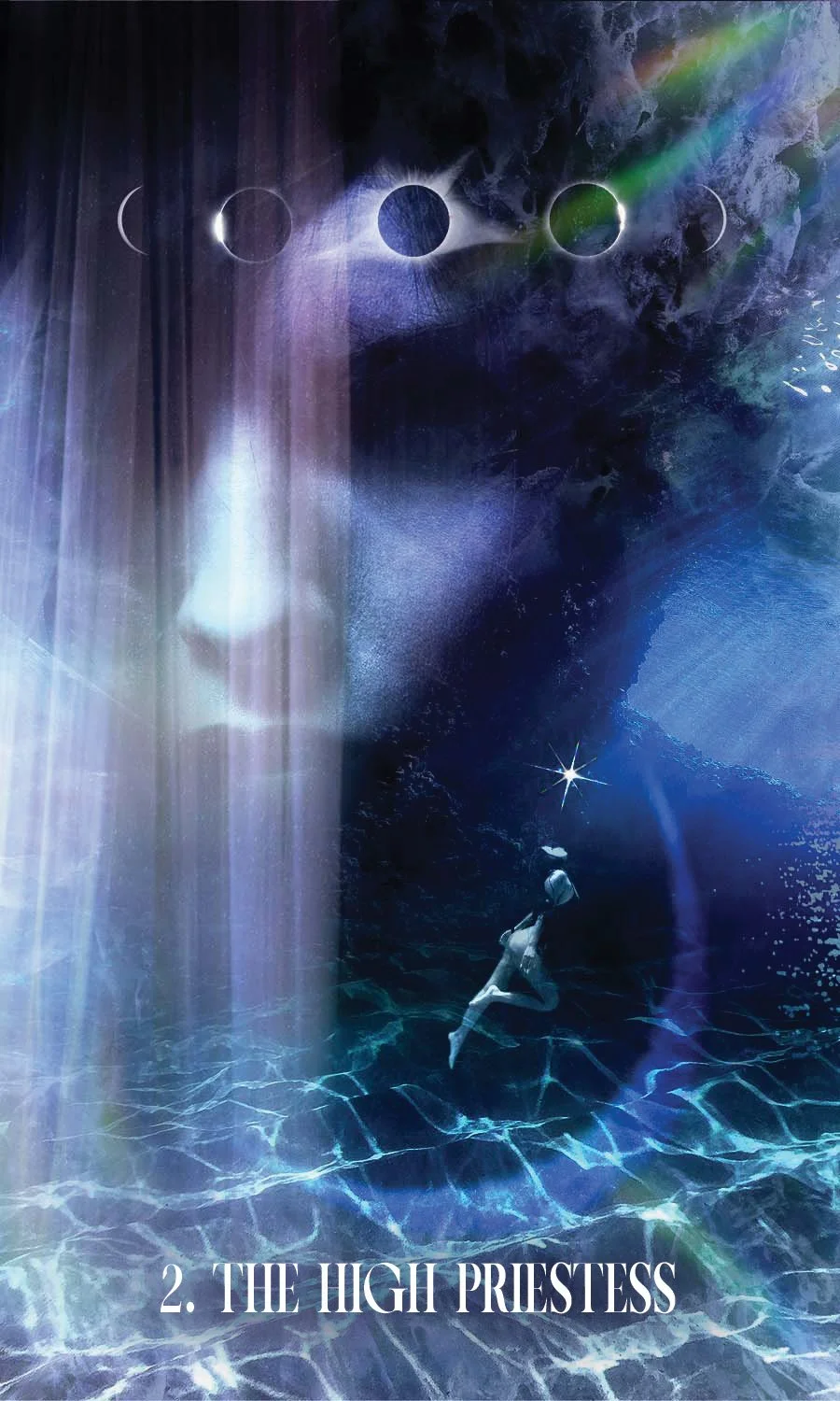 A woman dives underwater and through the deep blue abyss a watery face shows herself from behind a veil wearing a crown of moons.