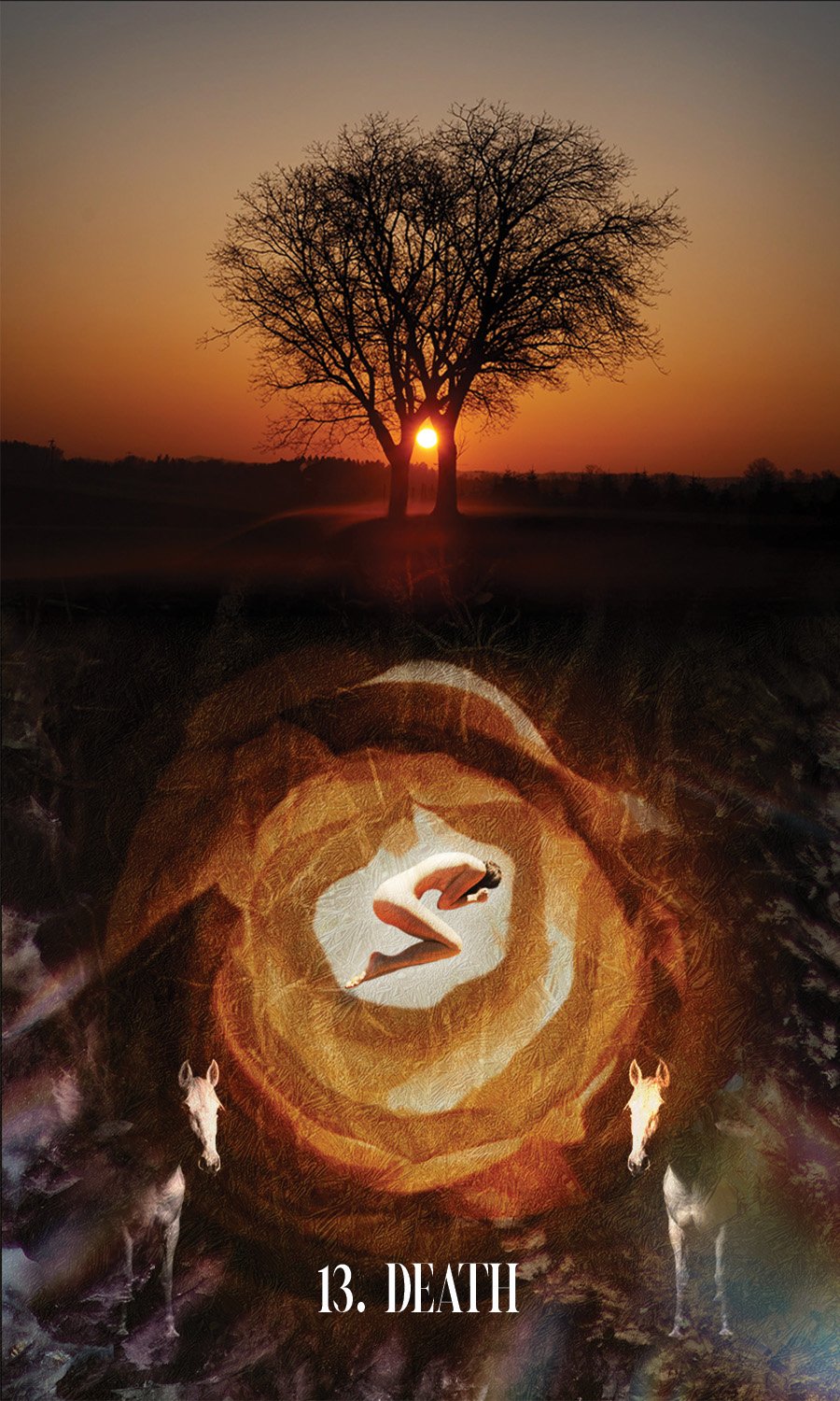 During sunset, the sun wanes through a bare tree silhouette. Underneath the ground lies a naked woman curled up like a baby in the womb. Below are two white horses among the roots in the ground.