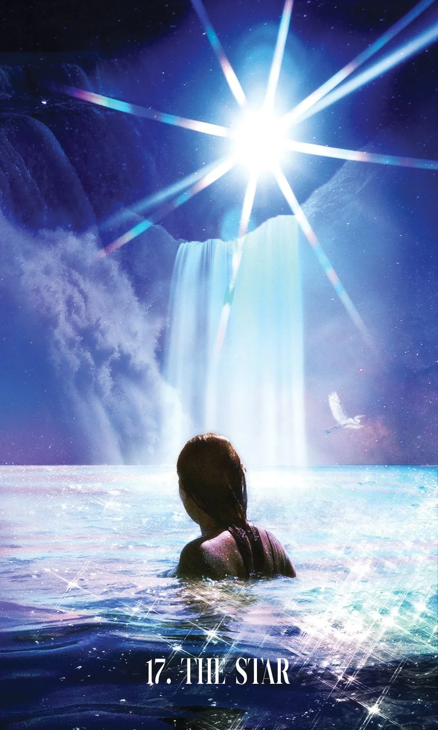 A woman wades through prismatic waters and stares out at a giant waterfall illuminated by a bright star in the night sky. A white bird flies along the water to the right of the waterfall in the mist.