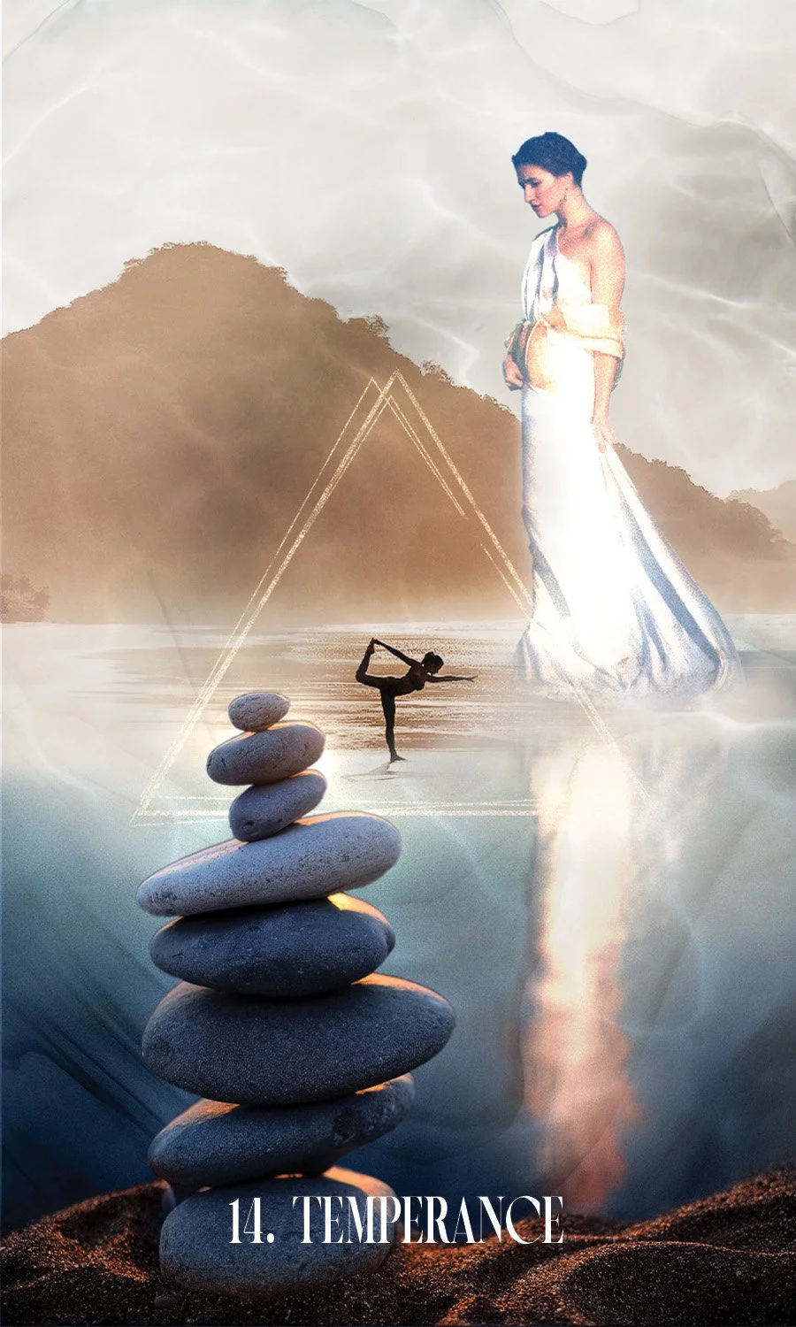 A figure is doing yoga on the beach balancing on one leg holding the other in bow pose. A woman in white stands above her watching peacefully. In the foreground a tower of stones is perfectly balanced on the sand.