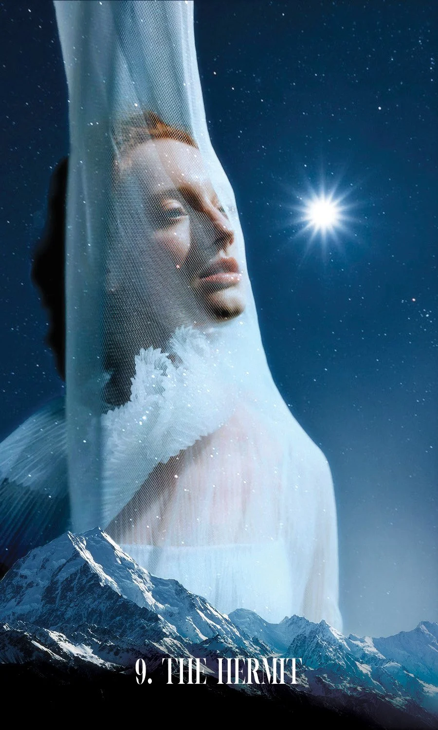 A woman stands on a mountaintop staring out into the night sky and one single star shines brightly above the rest. The woman is behind a white veil and wears a white dress.