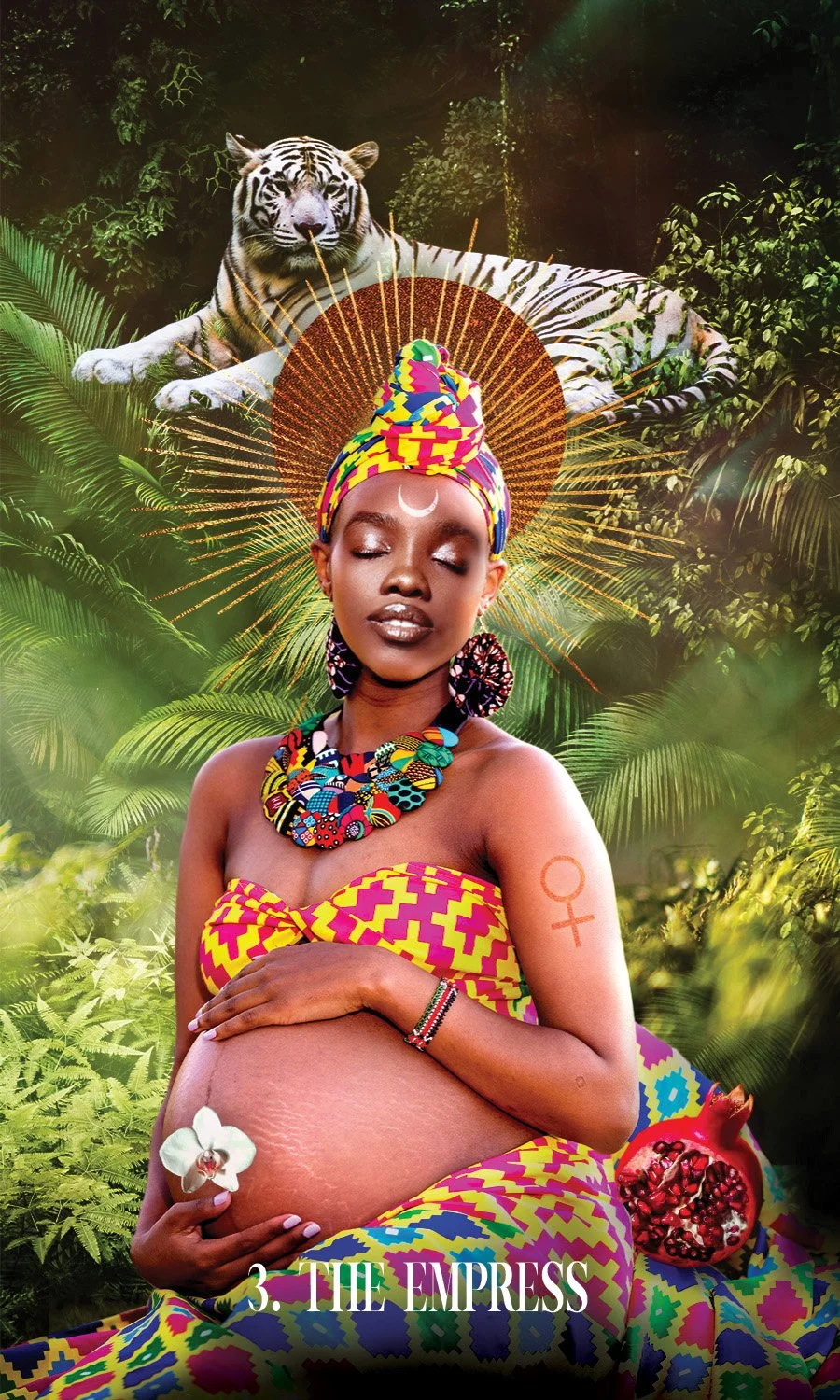 A pregant woman sits in a lush tropical jungle with a white tiger laying above her head. She cradles her belly tenderly in colorful african clothing. A pomegranate lays beside her.