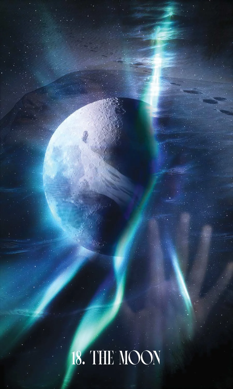The Moon sits engulfed by a green and blue aurora. In the background is a woman's face and her hand reaches forward. Footsteps trail off in the distance into a night sky