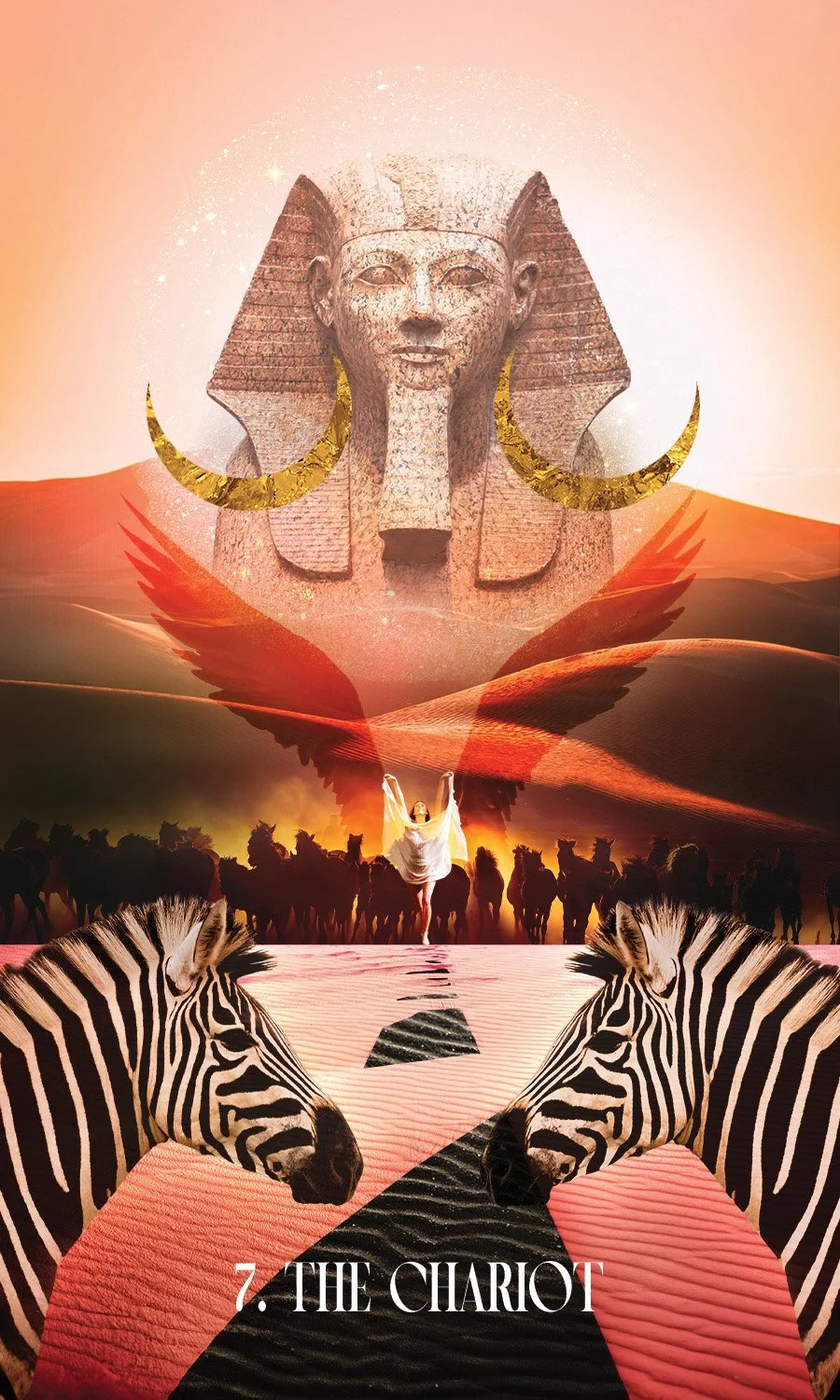 2 zebras face each other in front of an egyptian sphynx with crescent moons on the shoulders. A line of horses stampedes forward being led by a woman wrapped in a scarf with shadowy wings behind her.