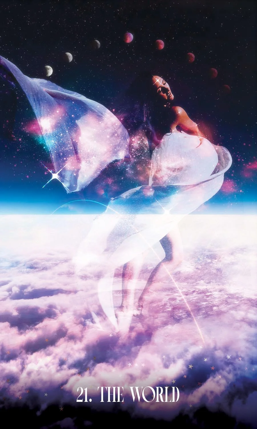 A woman gracefully dancing on top of the world - space and stars in the distance and pink clouds below. A series of moons moves above her head and she twinkles with a galaxy within her.