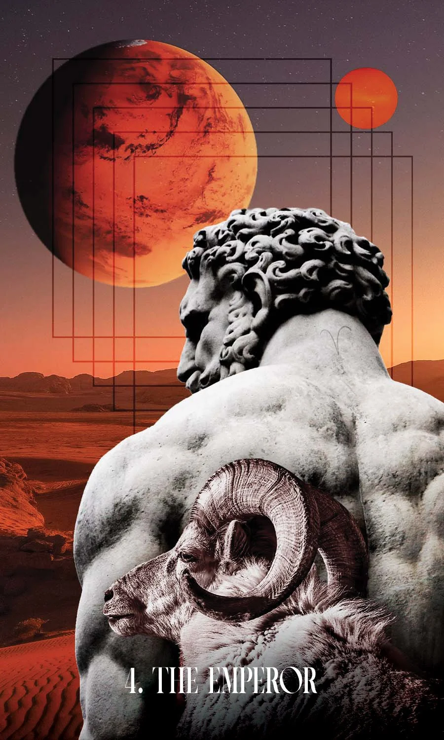 A muscular masculine statue stands facing a red barren landscape. Over his shoulder he watches over a ram behind him. The planets mars is large in the sky. He has an Aries symbol on the back of his neck.