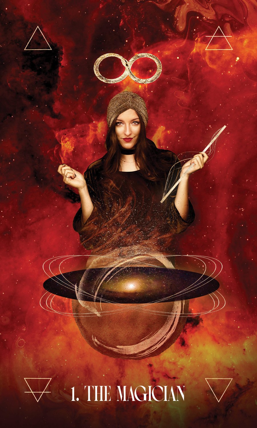 A sultry magician wields a wand in her hand in a vibrant scene of fiery red cosmos. Below her is a universe where she is conjuring new ideas and manifestations. In each corner of the image there is a different alchemical symbol for each element.