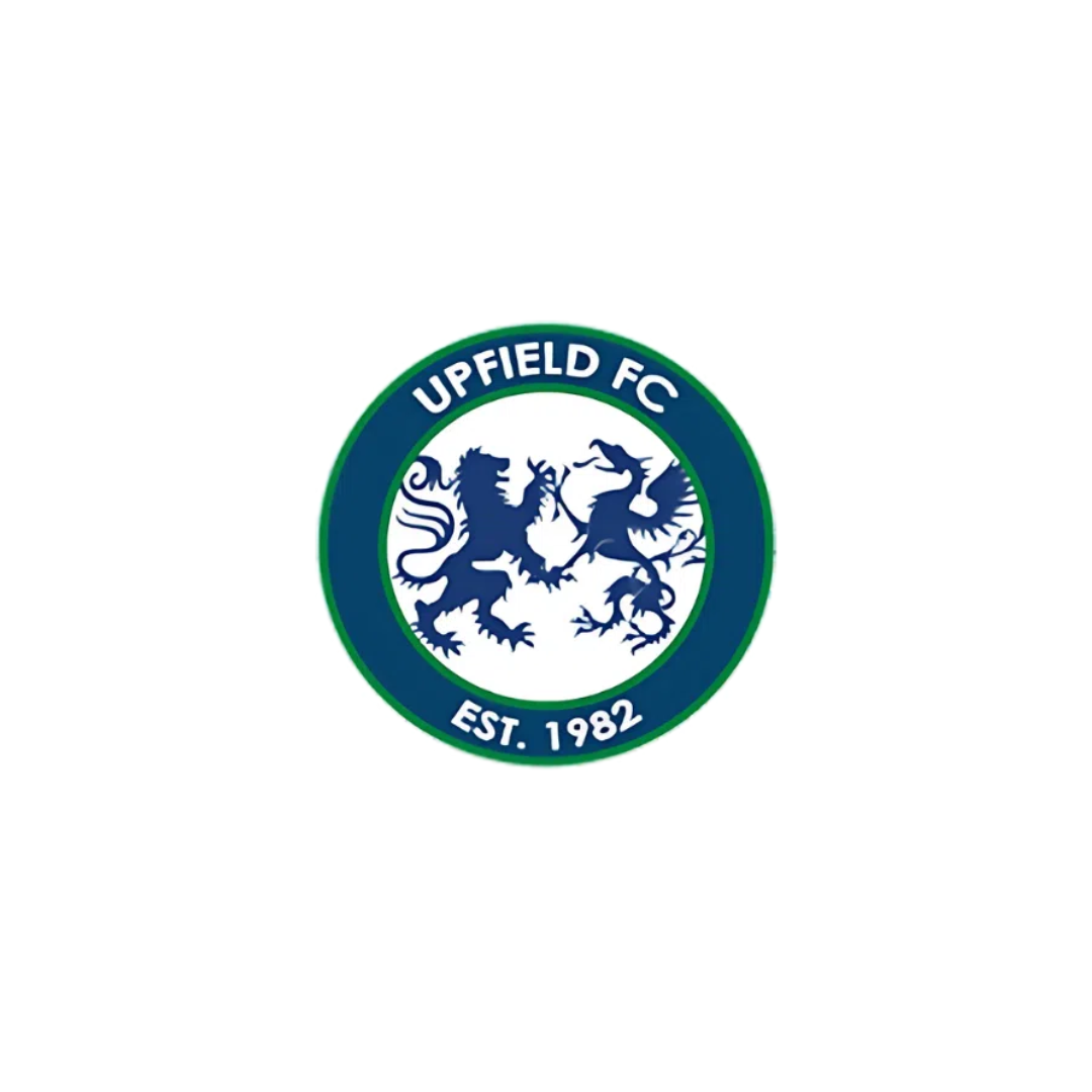 Upfield FC logo with a blue lion and dragon inside a green and blue circular emblem, featuring the text 'UPFIELD FC' and 'EST. 1982'.