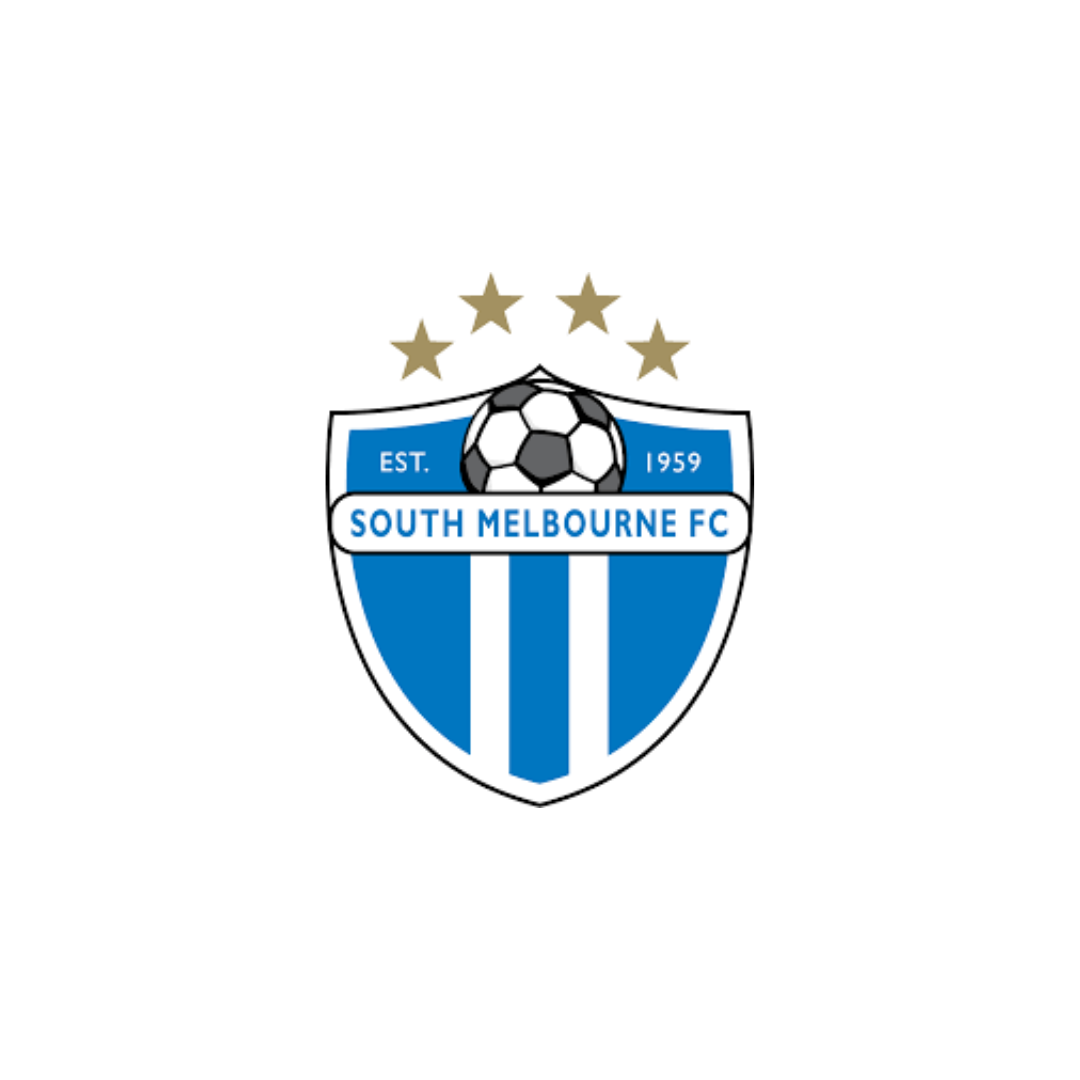 South Melbourne Football Club logo with a soccer ball and five gold stars above it.