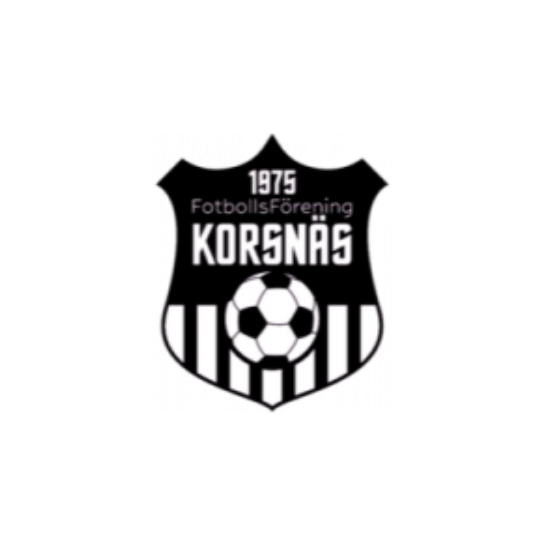 Black and white football club crest with the text '1975 Fotbollsförening KORSNÄS' and a soccer ball in the center.