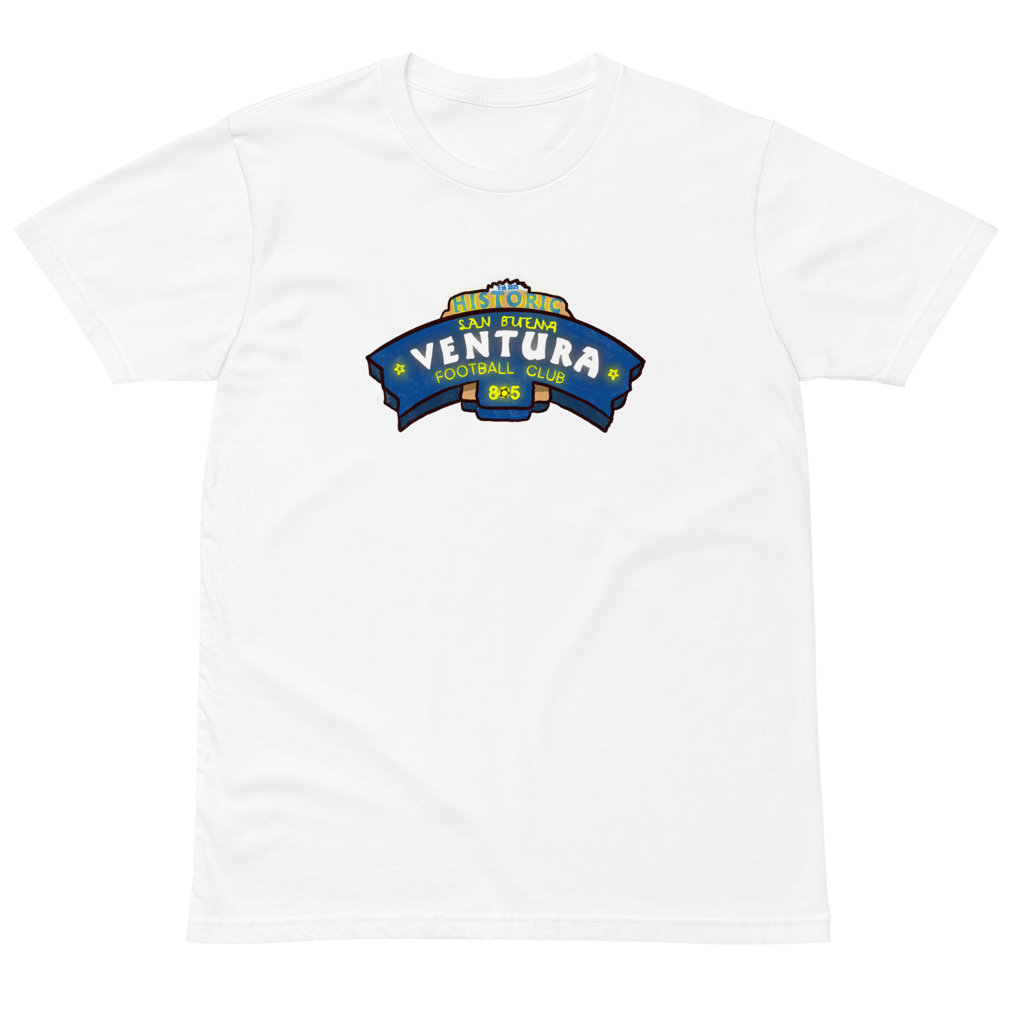White t-shirt with a colorful graphic design featuring the words 'Ventura', 'San Buenaventura', and 'Football Club' in a badge-like shape.