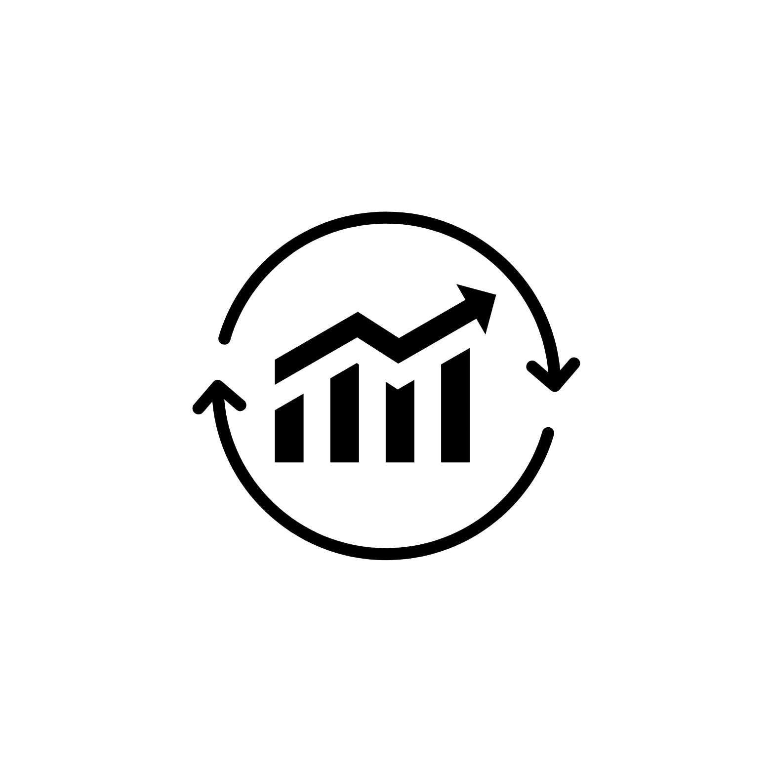 Line graph with upward and downward arrows circling it, symbolizing data analysis or market fluctuation.