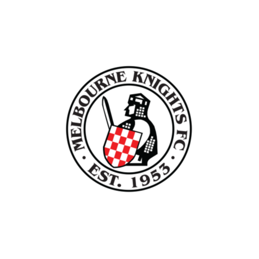 The logo of Melbourne Knights FC featuring a knight holding a shield with a red and white checkerboard pattern, encircled by the team name and establishment year 1953.