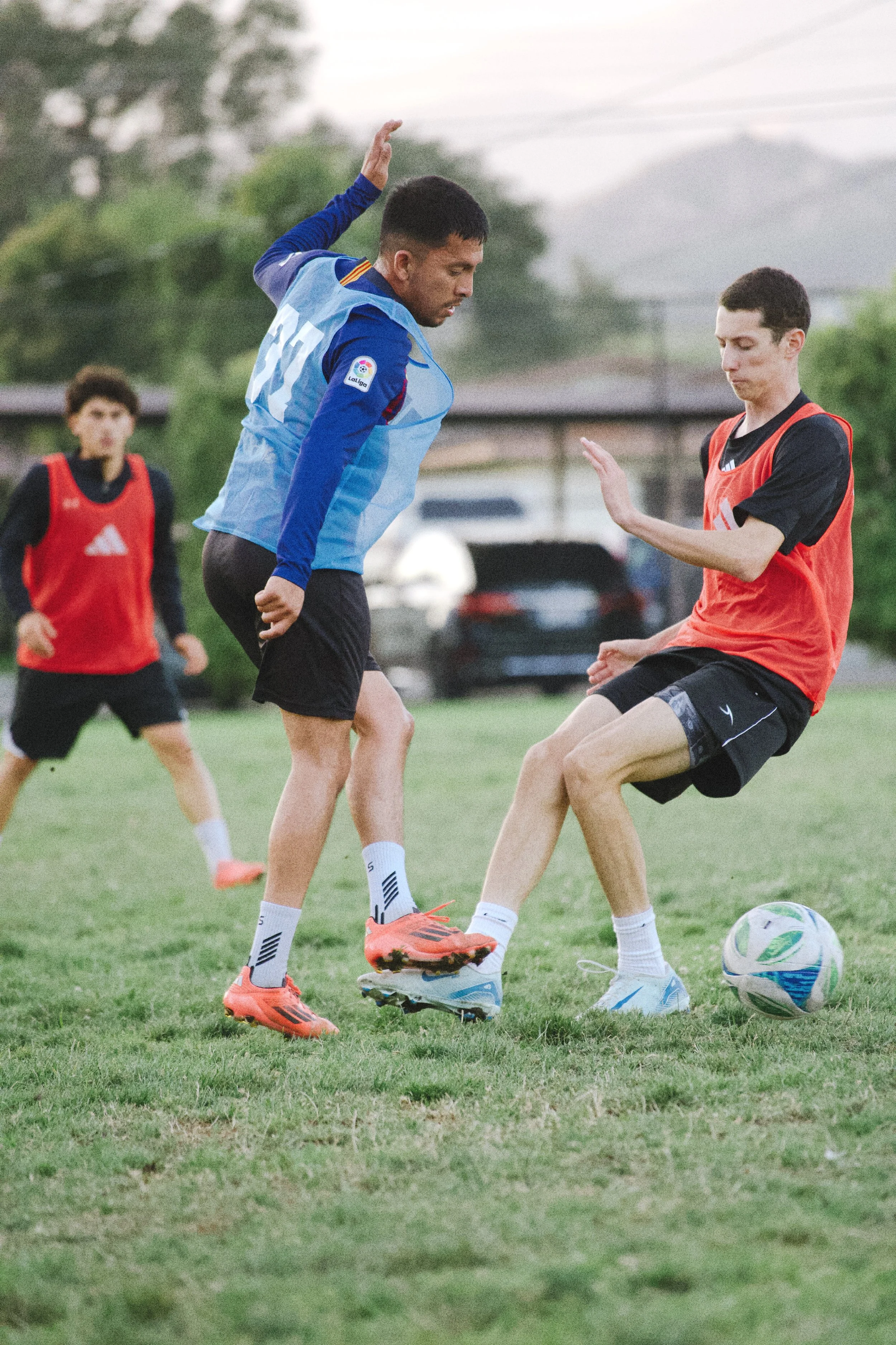 Young boys playing soccer on a grassy field, with one boy in a blue jersey attempting to block another boy in an orange vest who is about to kick the ball.