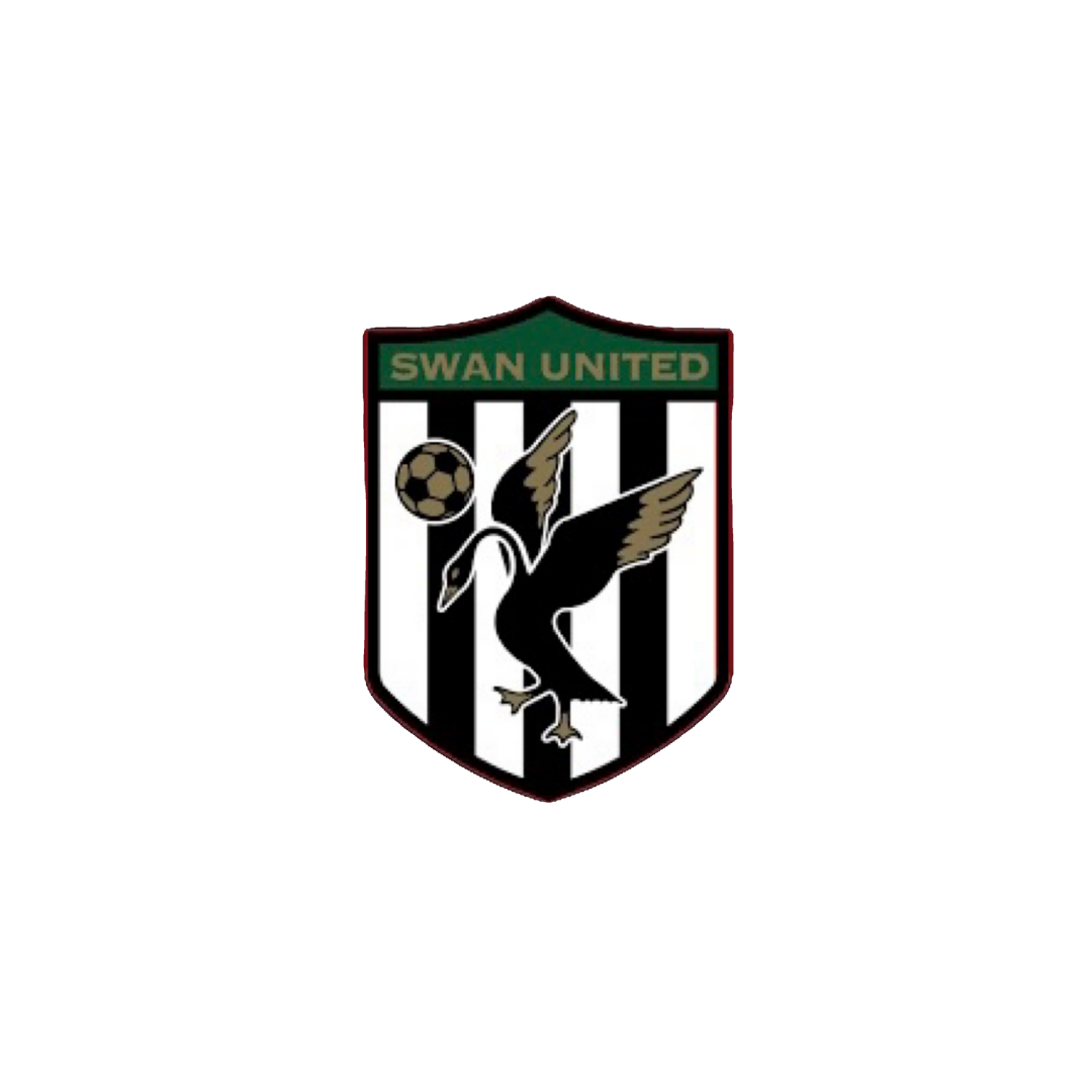 Swan United football club crest with black and white stripes, a flying swan, and a soccer ball.