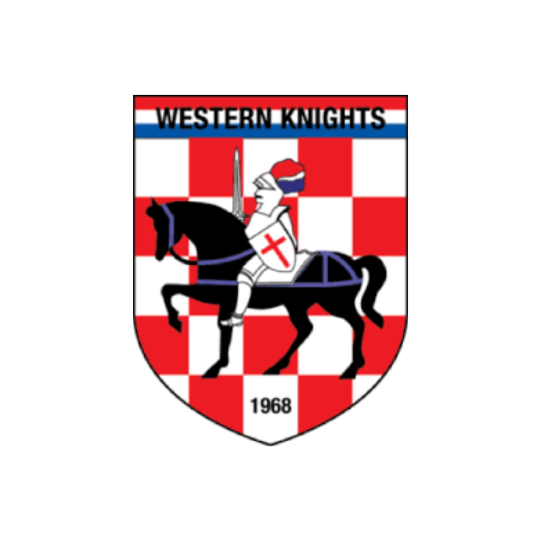 A shield emblem with a knight on a horse, holding a sword, with a red and white checkered background. The shield is labeled 'Western Knights' at the top and '1968' at the bottom.
