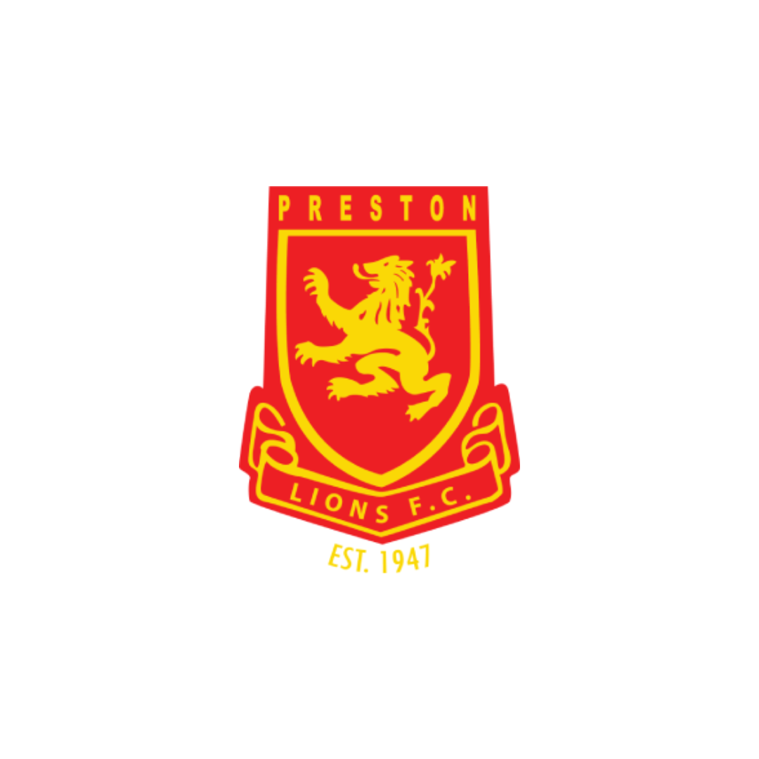 Preston Lions Football Club logo with a yellow lion on a red shield, and the text 'PRESTON', 'LIONS F.C.', and 'EST. 1941'.