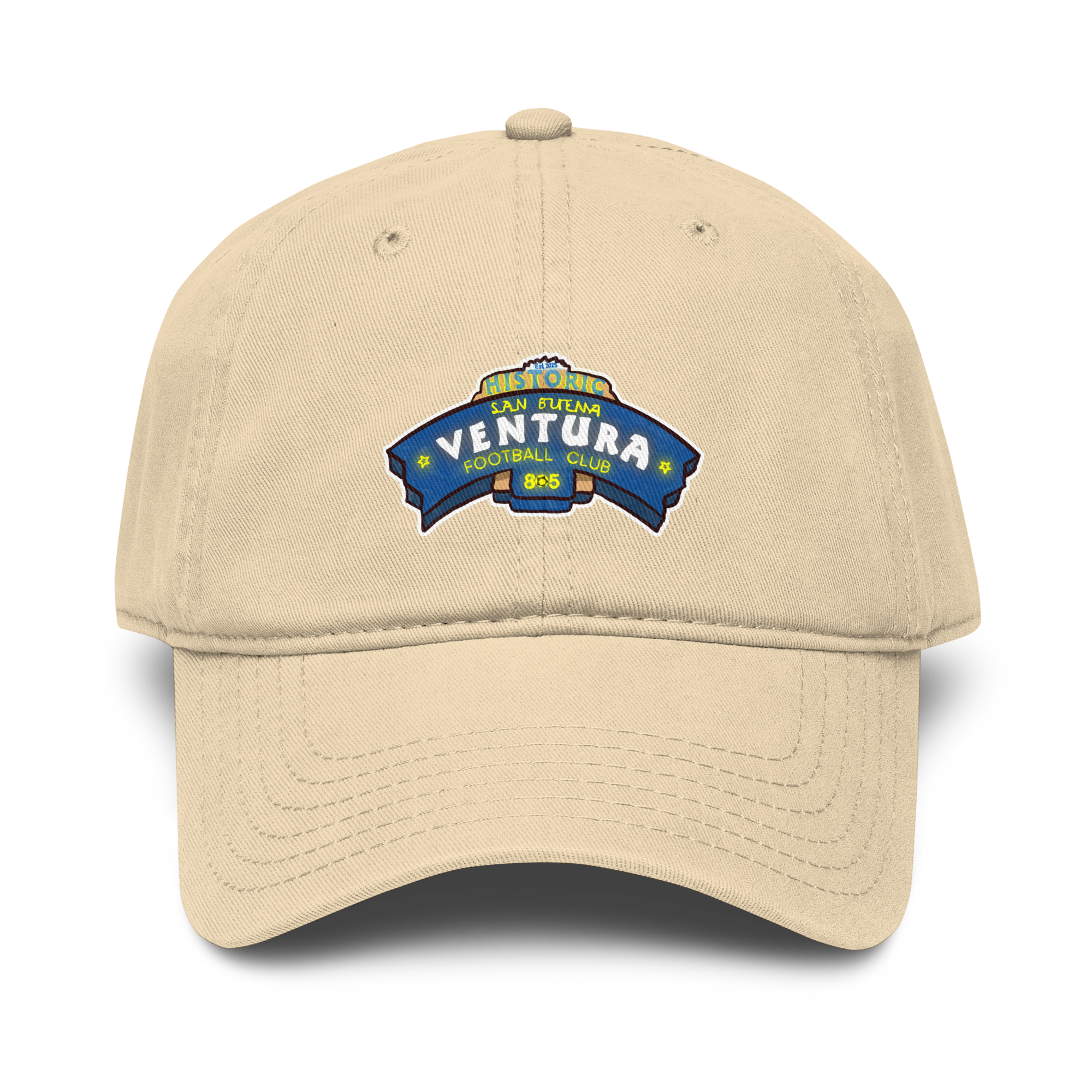 Beige baseball cap with a patch that reads 'San Buenaventura Historic Ventura Football Club 8:05'.