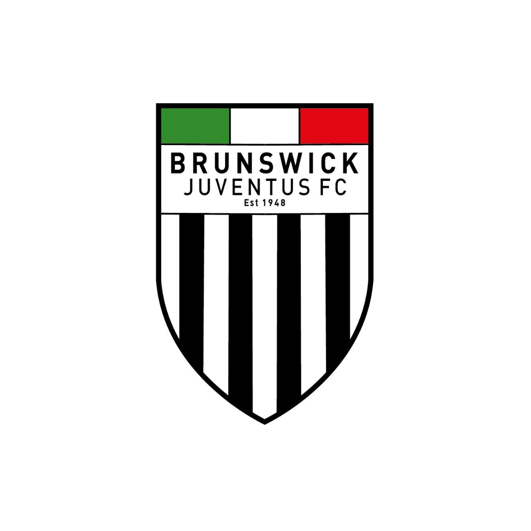 Logo of Brunswick Juventus Football Club featuring black and white vertical stripes and an Italian flag at the top.
