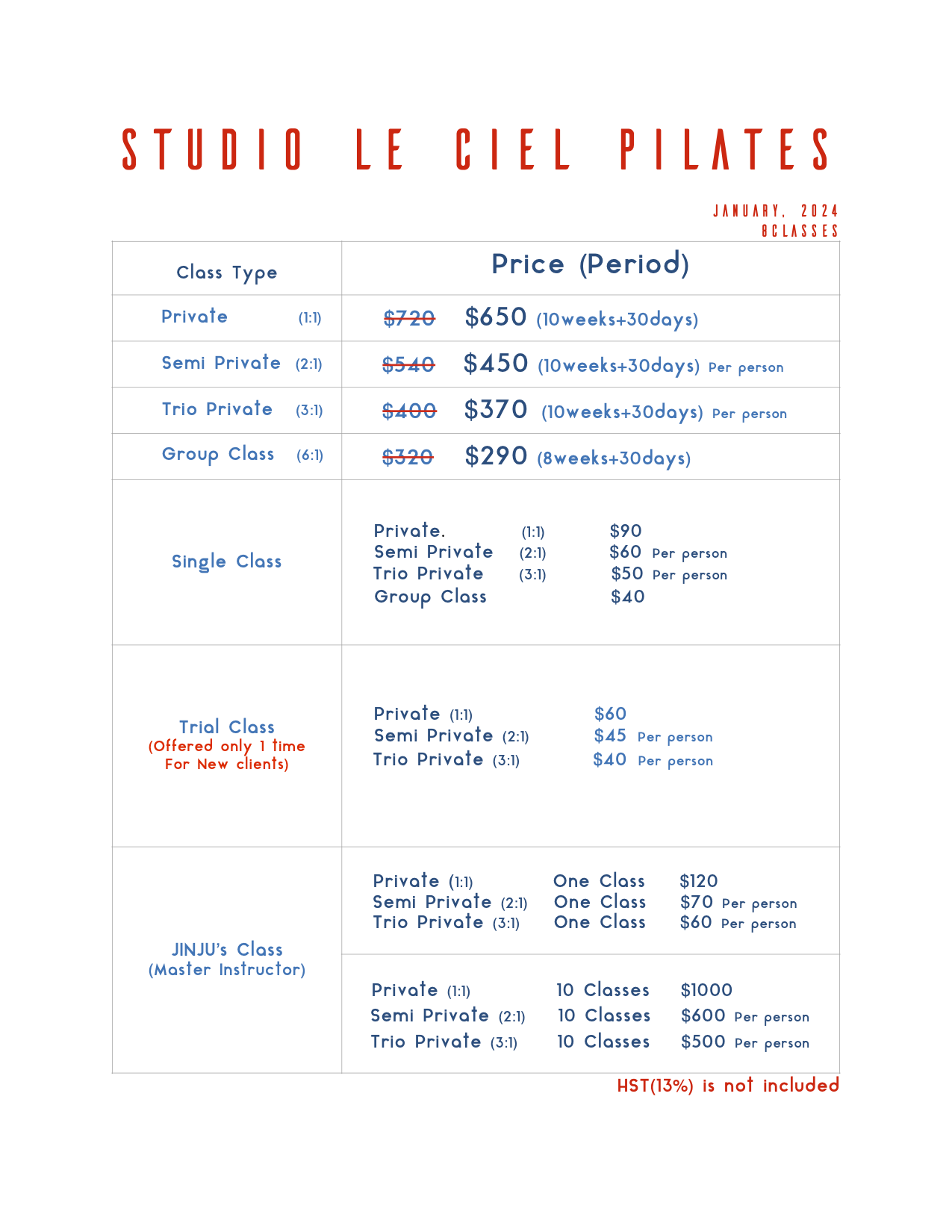 Affordable Pilates Classes - Pricing at Studio Le Ciel Pilates in