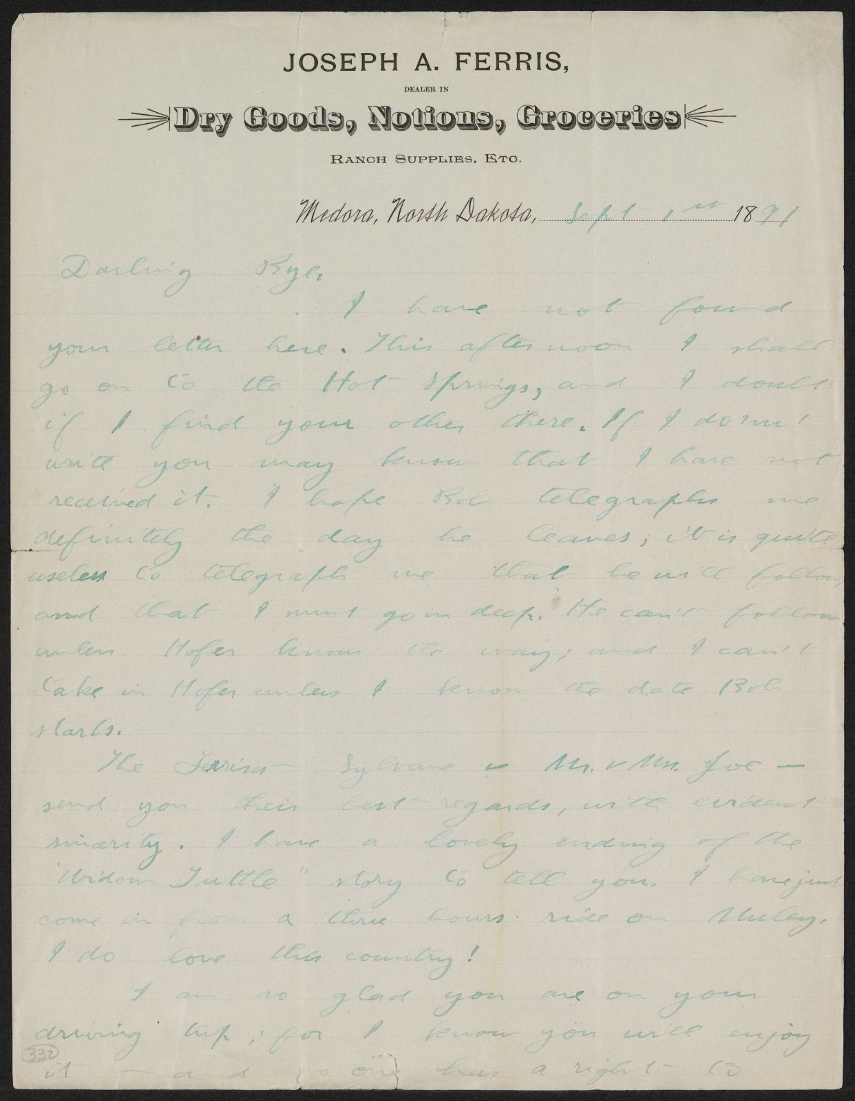 Theodore Roosevelt updates his sister Anna on the status of his trip to North Dakota.