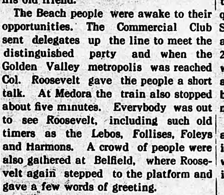 Newspaper article describing Theodore Roosevelt's whistle stop in Medora in April 1911