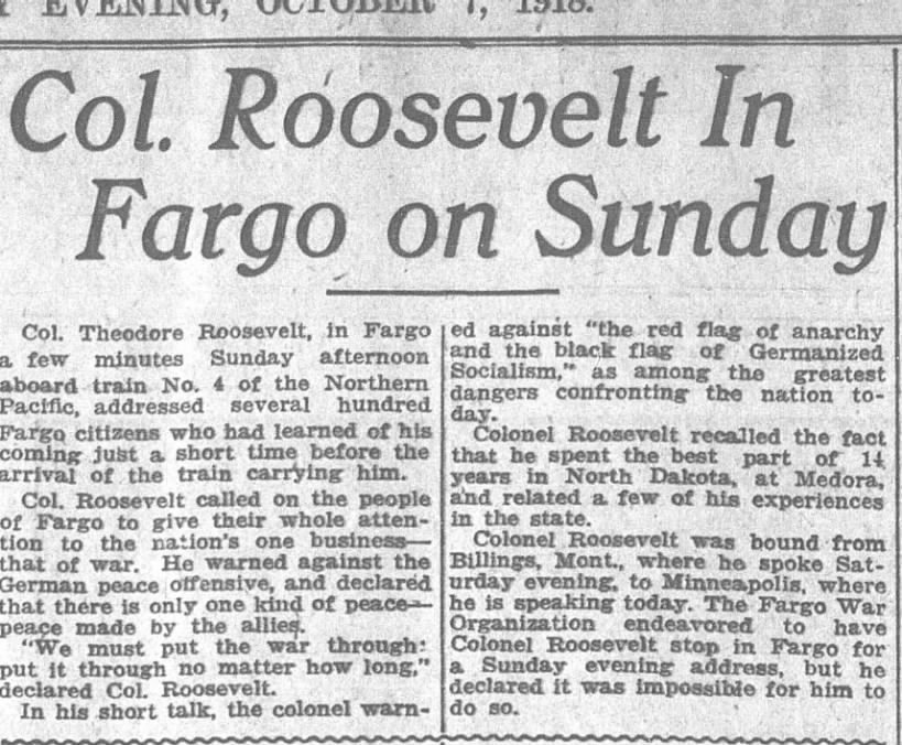 Newspaper article discussing Theodore Roosevelt's visit to Fargo, North Dakota