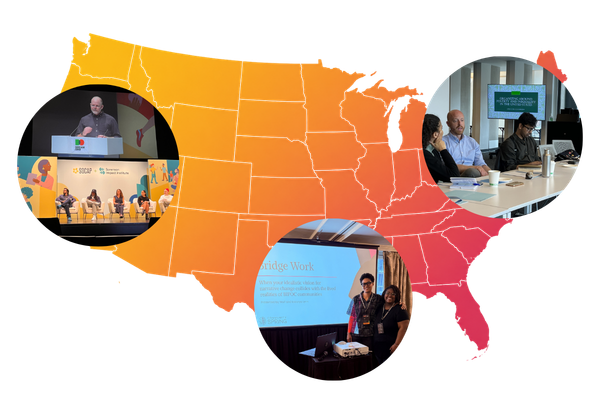 Community Spring staff speaking at national conferences and meetings, shown against a map of the United States, illustrating the organization's reach from Gainesville across the country.