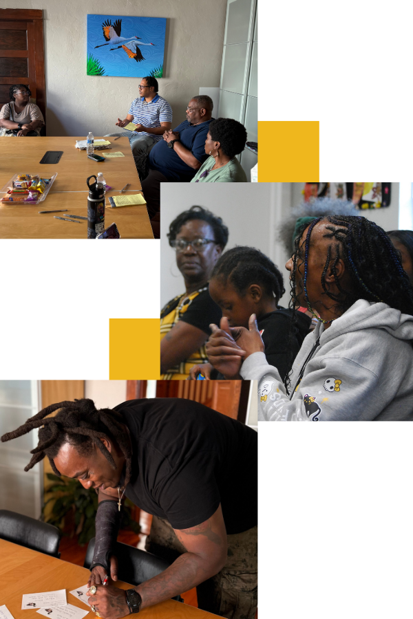 A photo collage showing scenes from a community gathering, including a roundtable discussion, attentive audience members, and an individual writing notes.