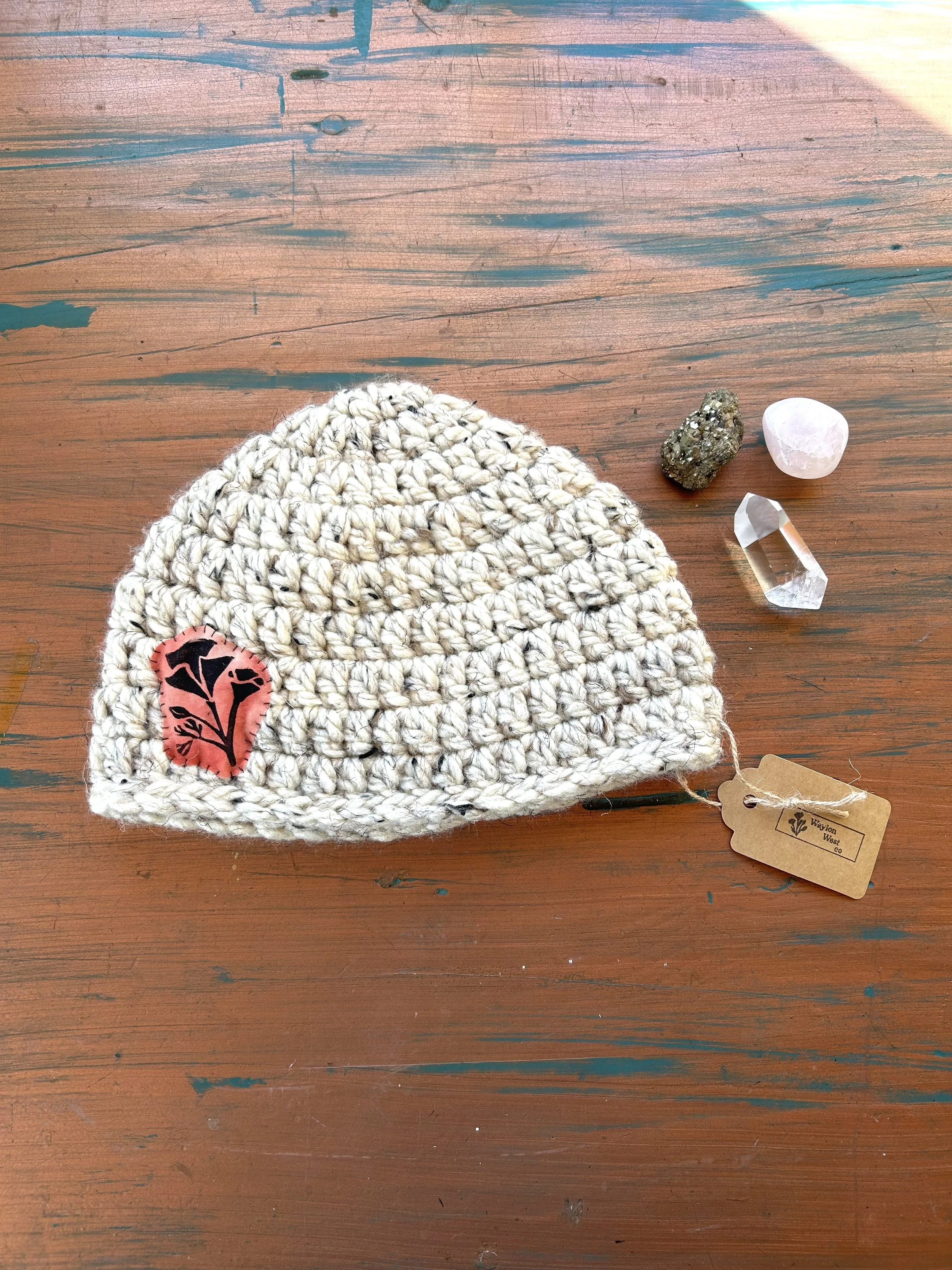 Oatmeal Crochet Beanie with Poppy Patch