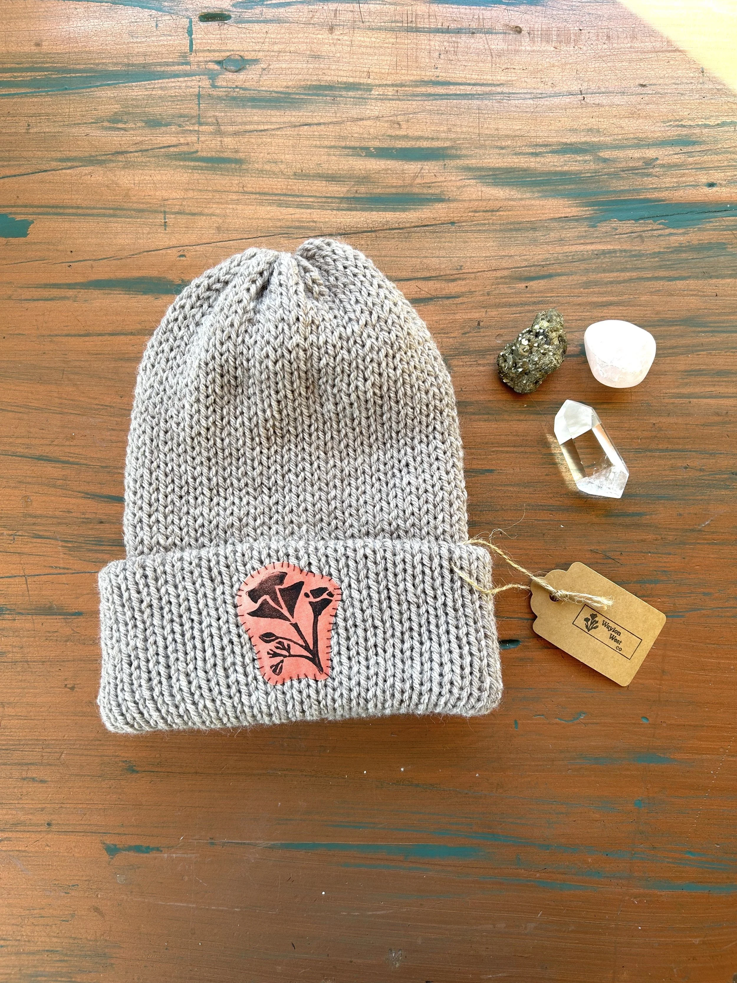 Pearl Gray Beanie with Poppy Patch